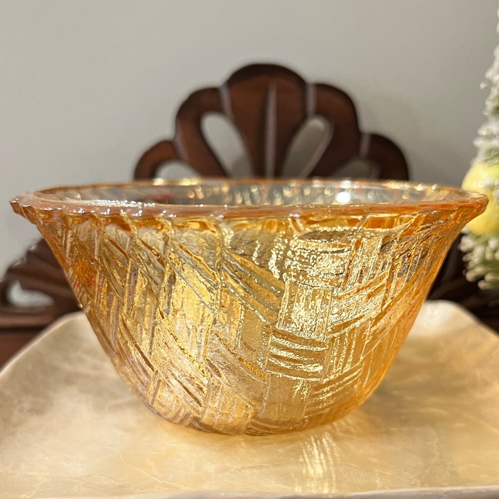 Vintage Marigold Carnival Glass Small Bowl Basket Weave Design